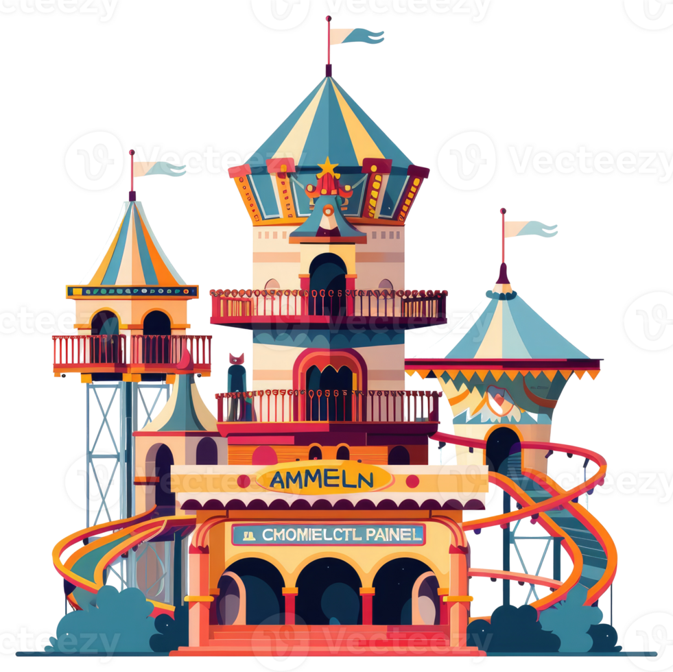 A colorful whimsical amusement park structure with multiple slides and towers png