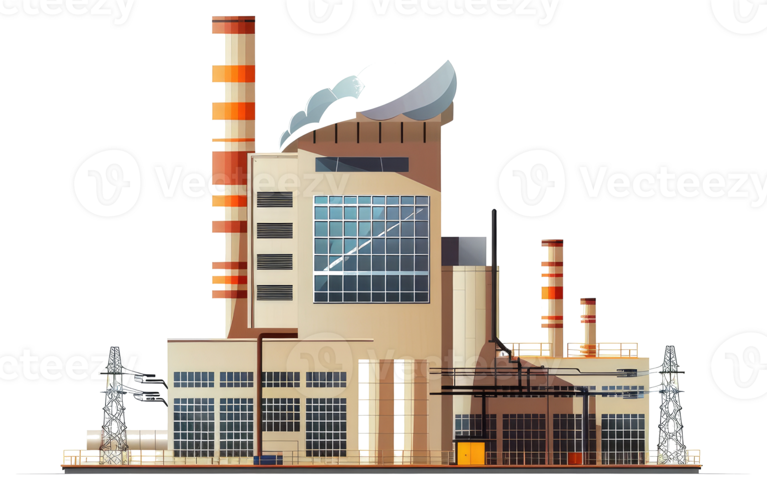 A large industrial complex building with multiple smokestacks and structures png