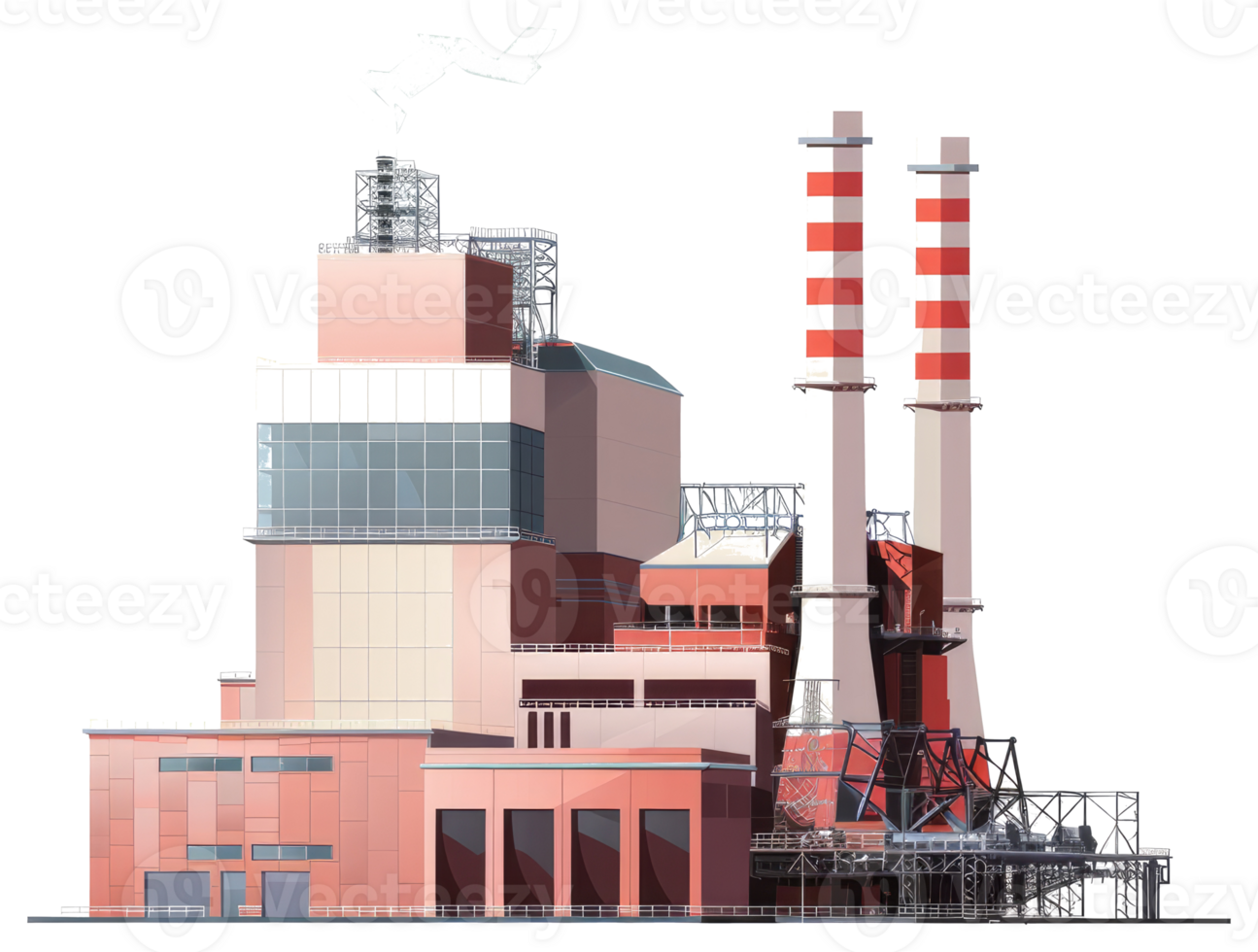 A detailed illustration of an industrial factory complex with smokestacks png