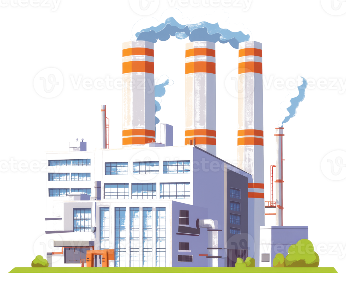Illustrated industrial complex producing emissions from its multiple smokestacks png