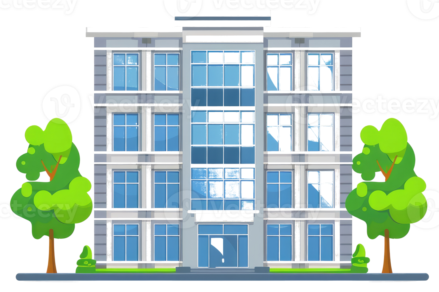 A modern cartoon style apartment building with trees and grass png