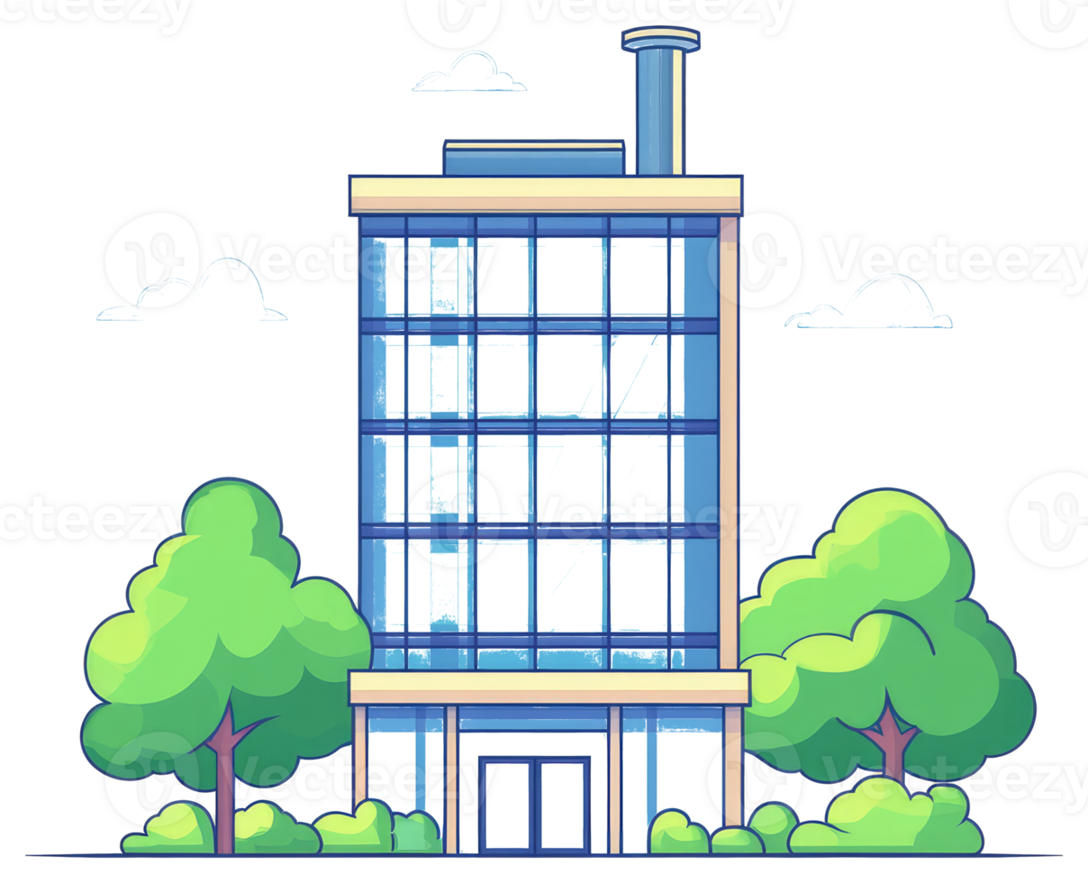 A modern cartoon style office building with trees and clouds png