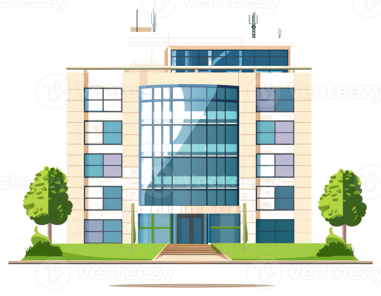 A large modern building with reflective windows and green scenery png