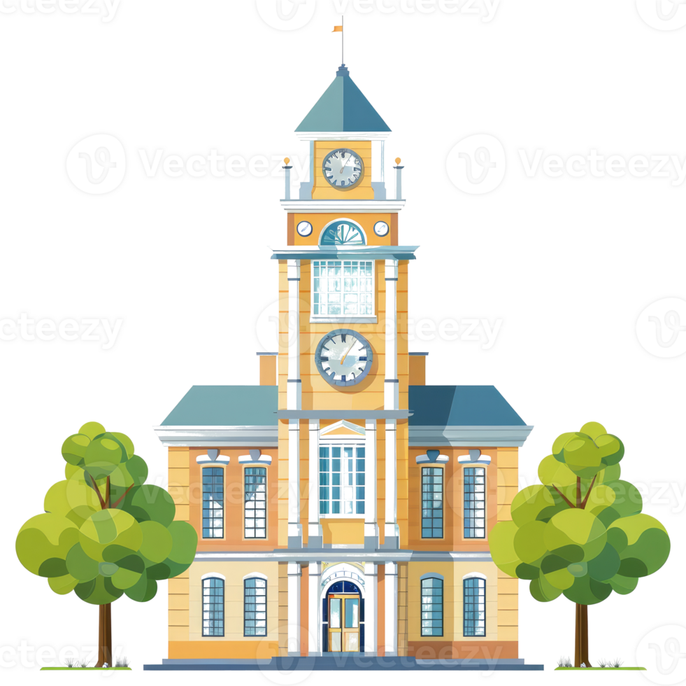An illustrated colorful building with a clock tower and trees png