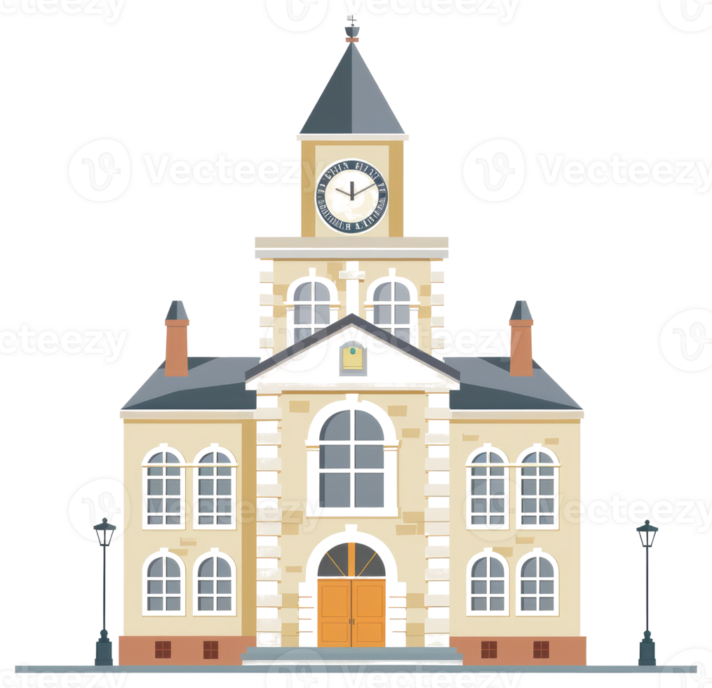 An illustrated view of a grand building with a clock tower png