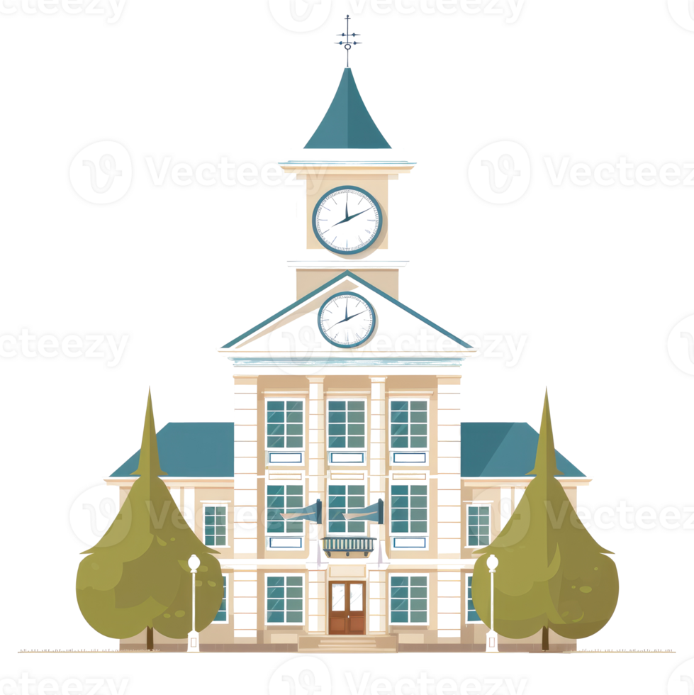 An illustrative depiction of a neoclassical building with a clock tower png