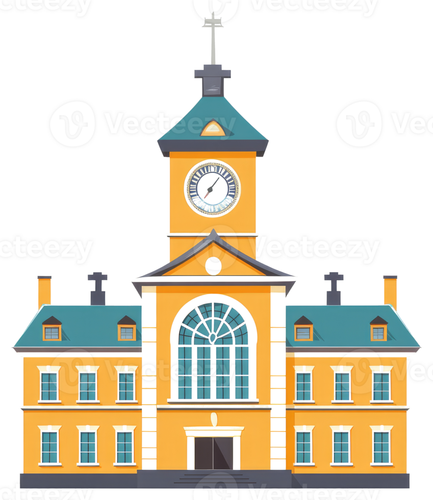 A yellow building with a clock on the top png