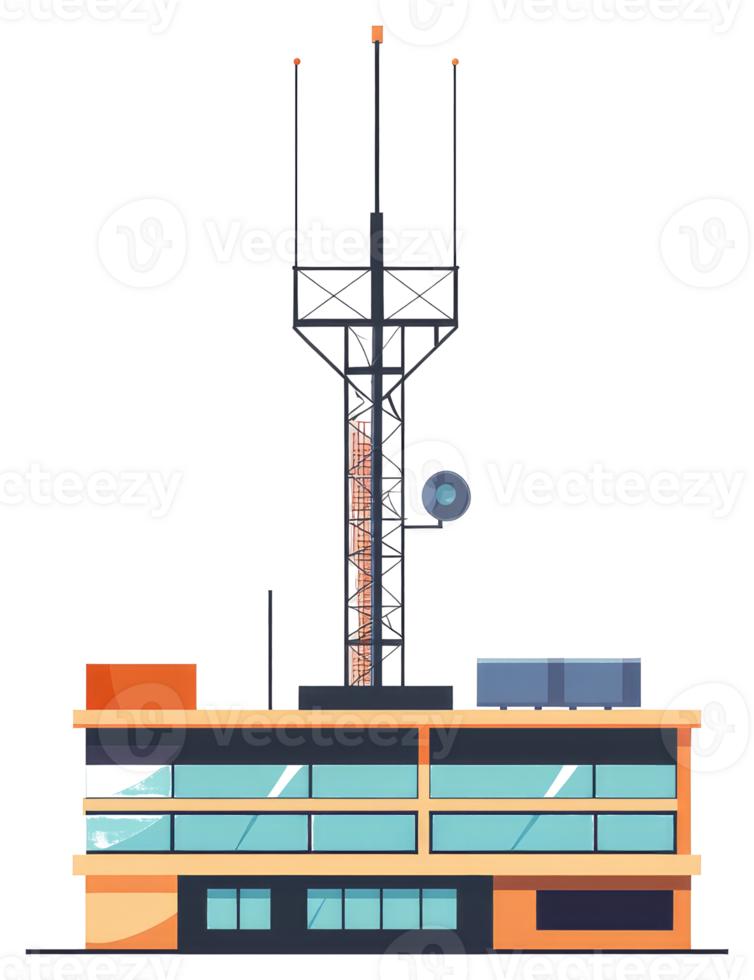 A communication tower rises above a low building structure png