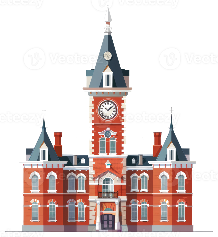 A red brick building with clock tower and ornate architectural features png
