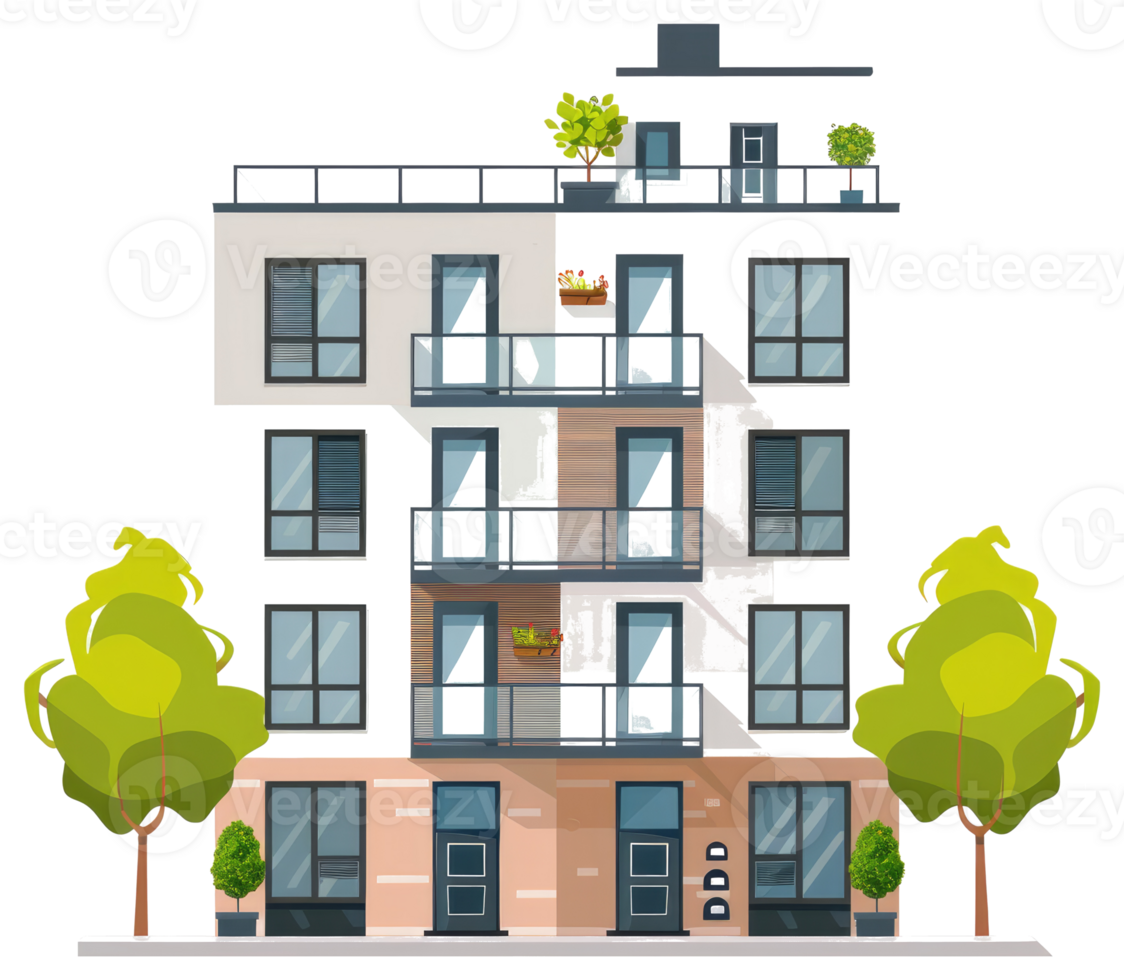 A modern multi story residential apartment building with trees png