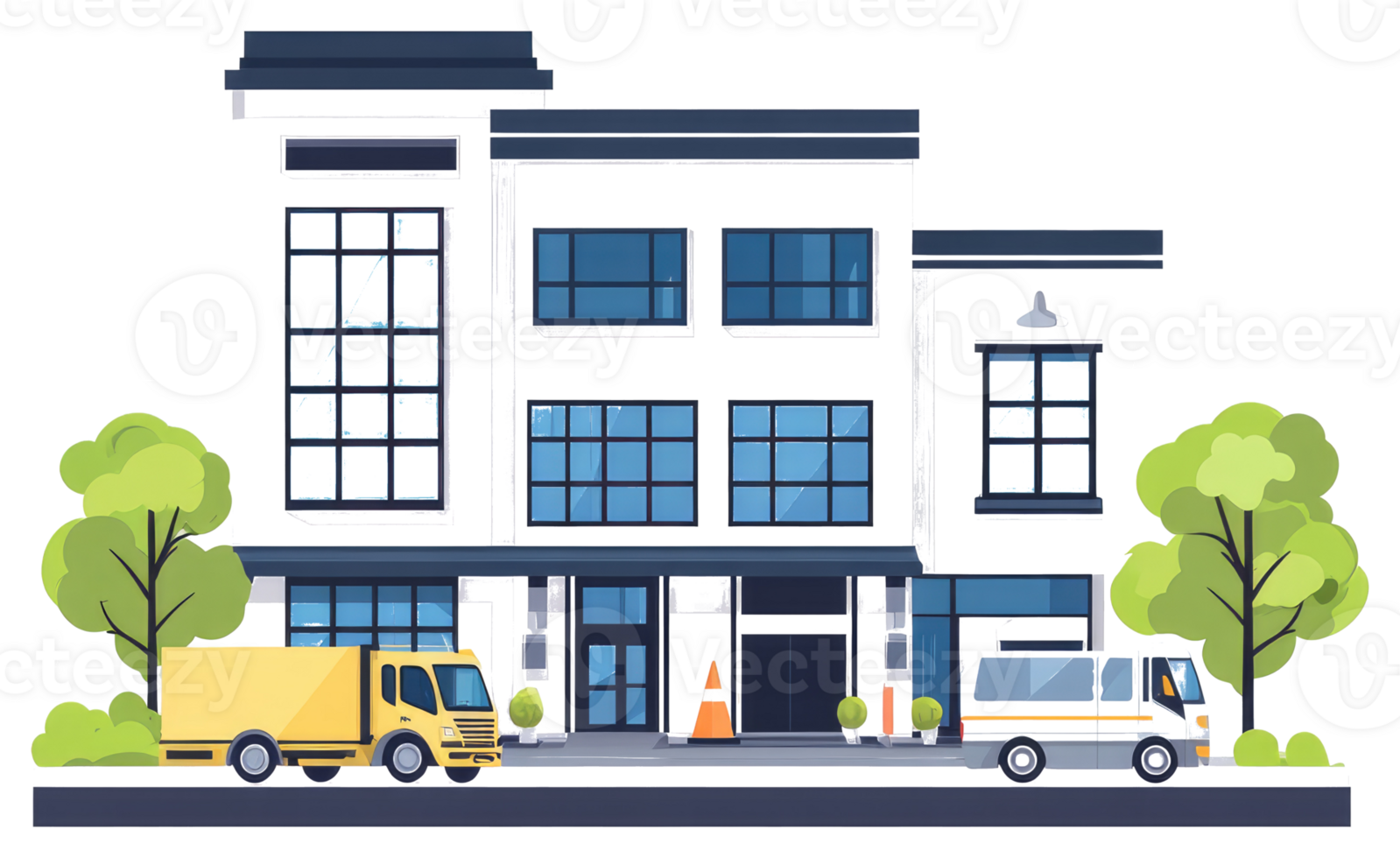 A cartoon building with a truck and a van png