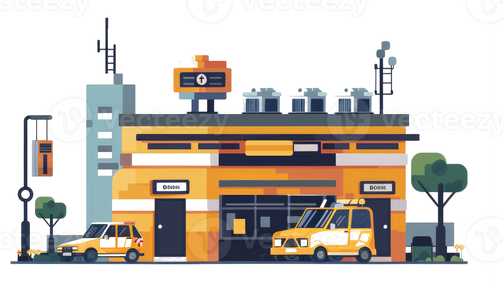 A sticker of a taxi cab and a building png