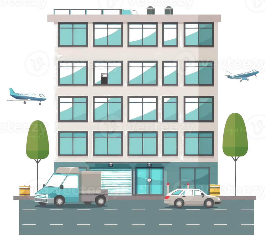 A cartoon building with cars and planes flying over it png