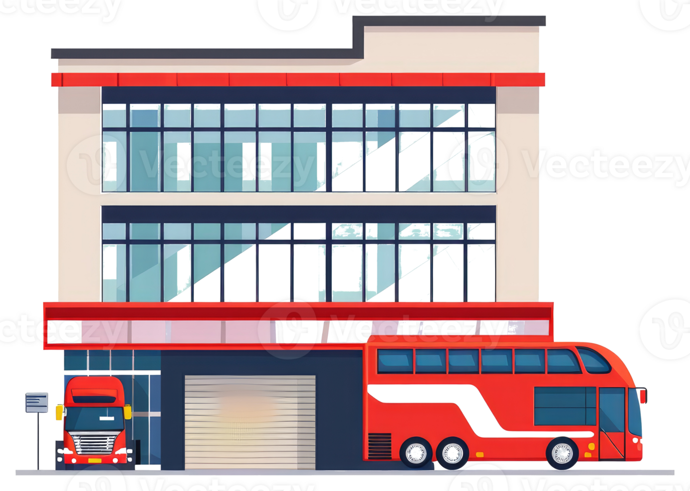 A sticker of a red double decker bus and a building png
