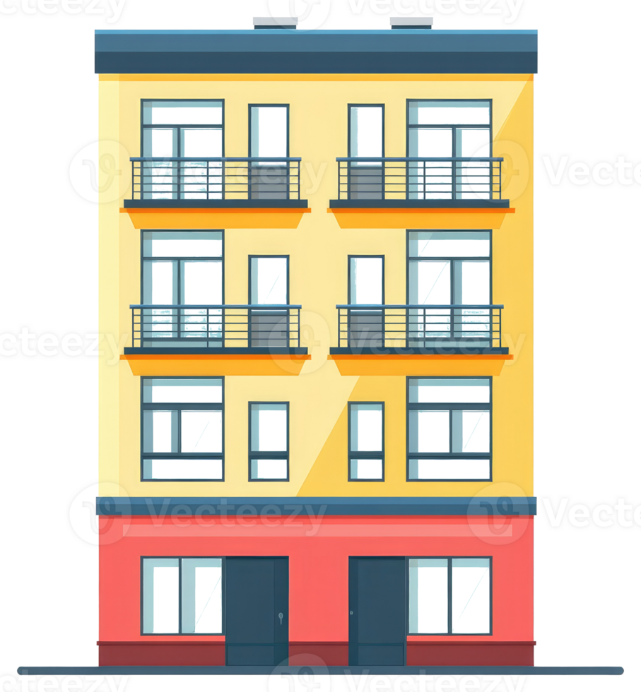A yellow apartment building with balconies and windows png