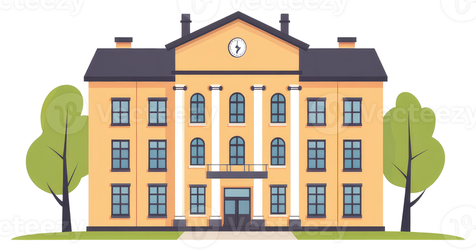 A cartoon building with trees and bushes png