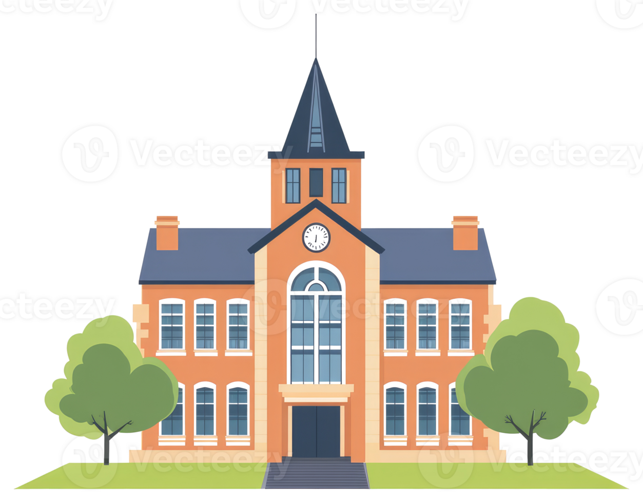 A school building with a clock tower and trees png