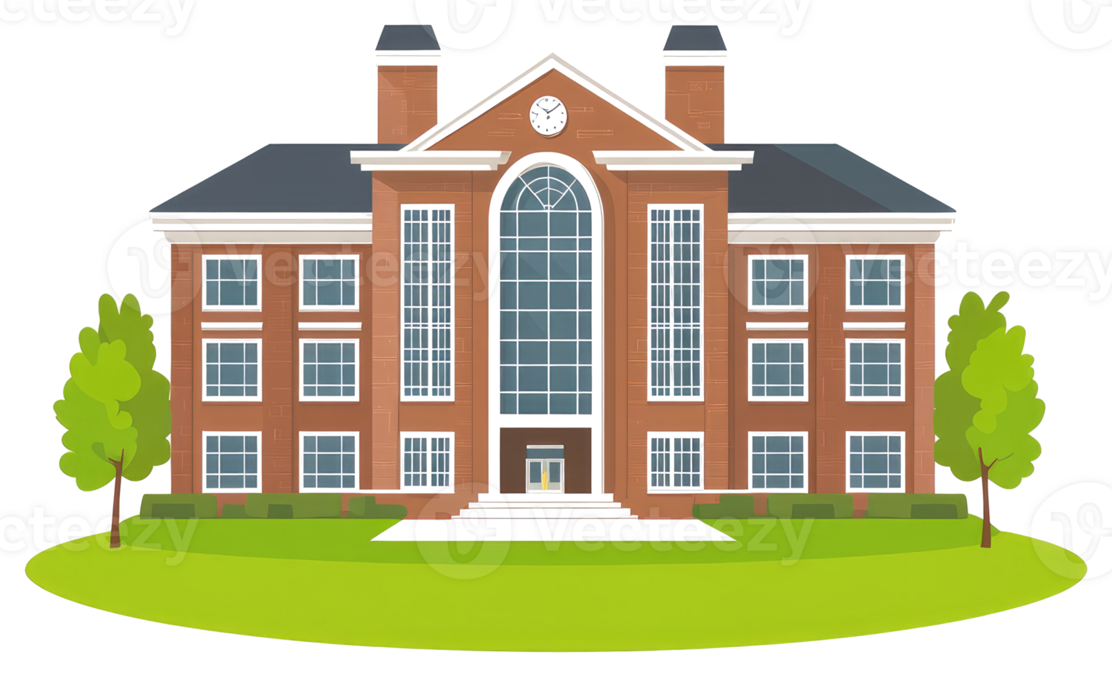 A cartoon building with a green lawn and trees png