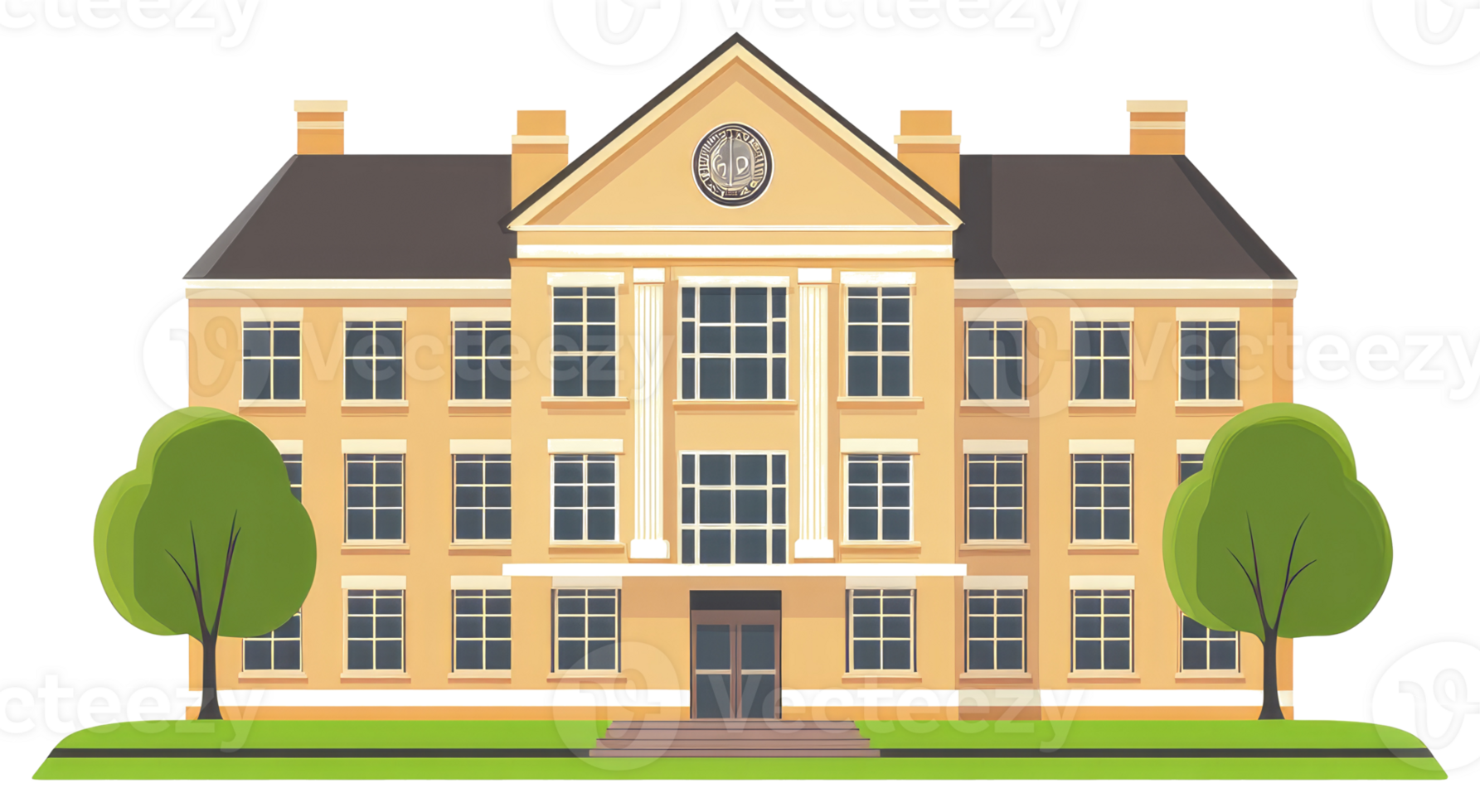 A cartoon building with trees and bushes png