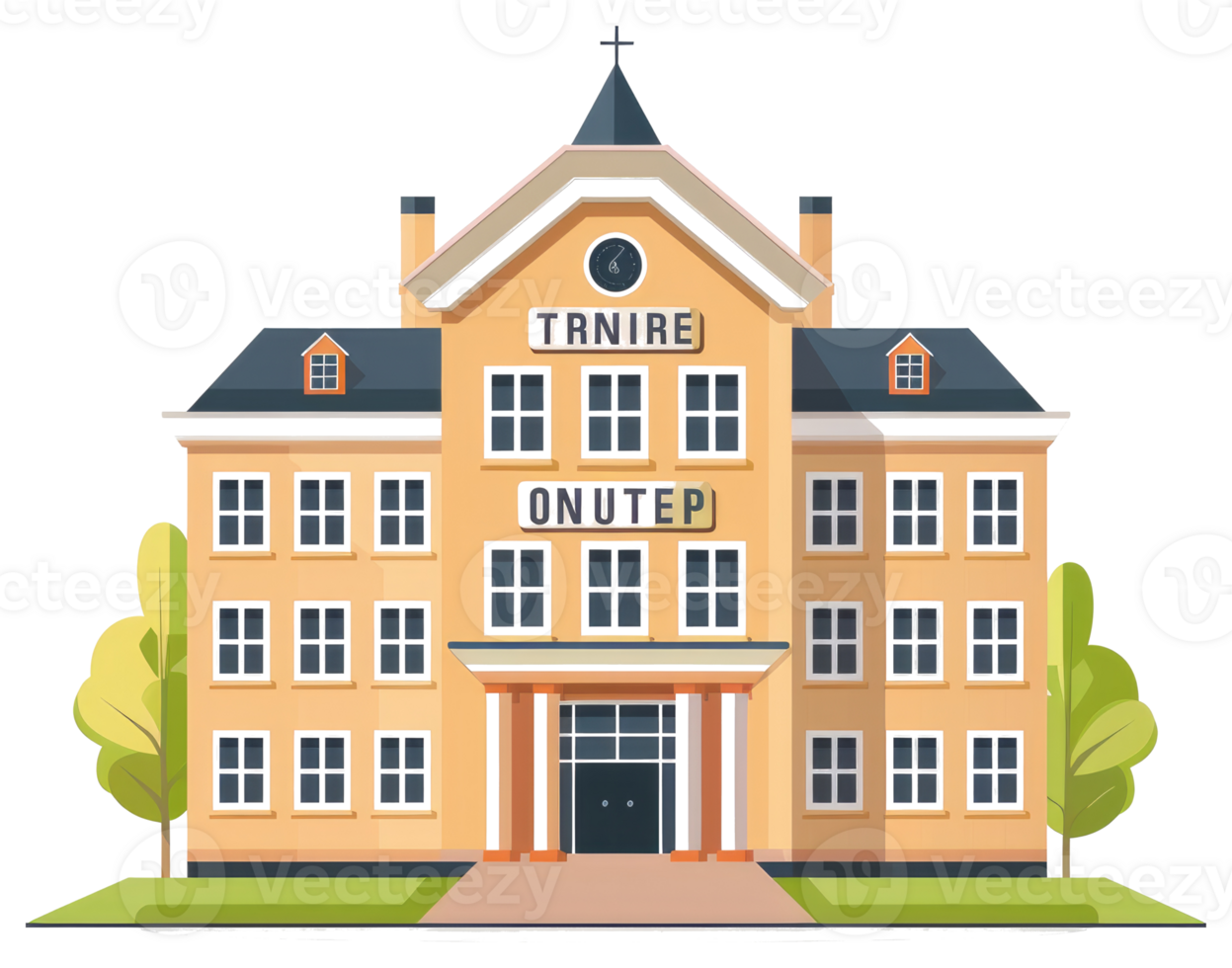 A sticker of a building with the words trenue out png