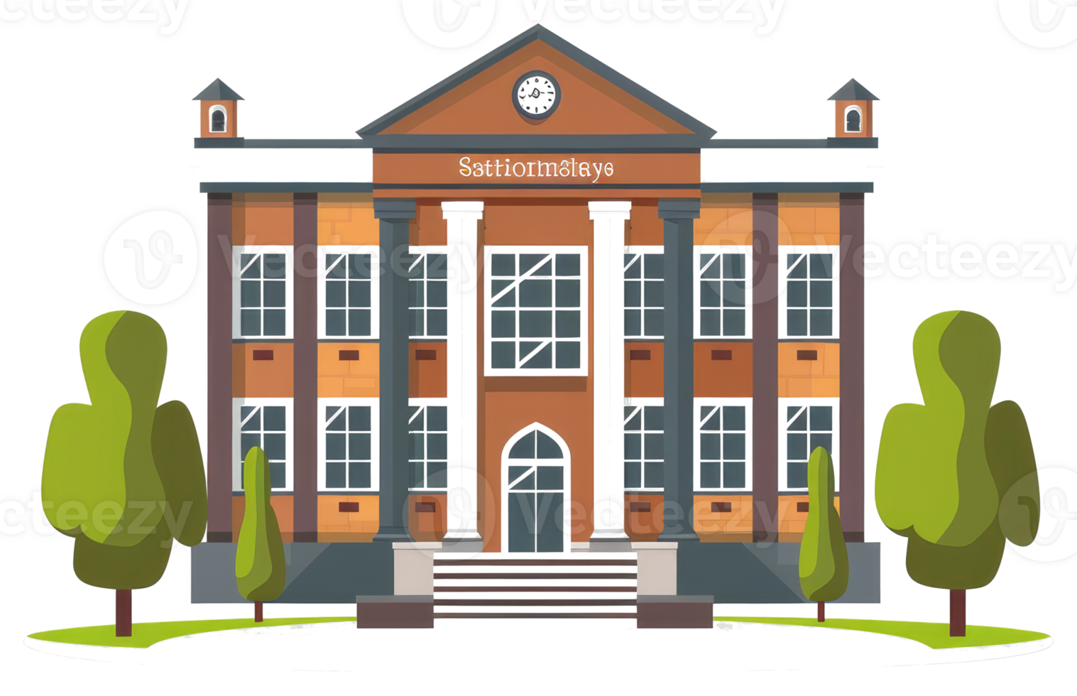 A sticker of a school building with trees and steps png