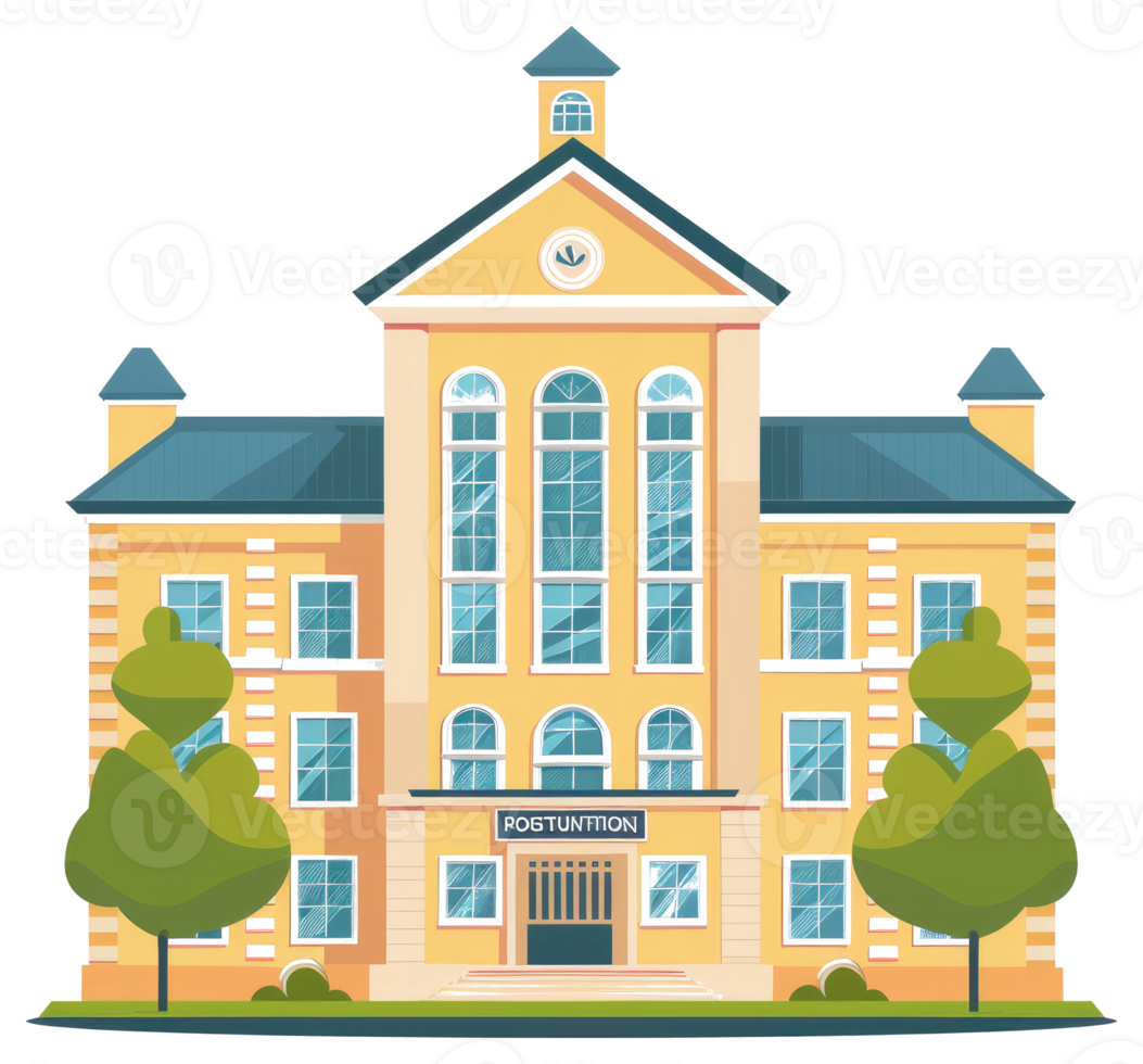 A cartoon school building with trees and bushes png