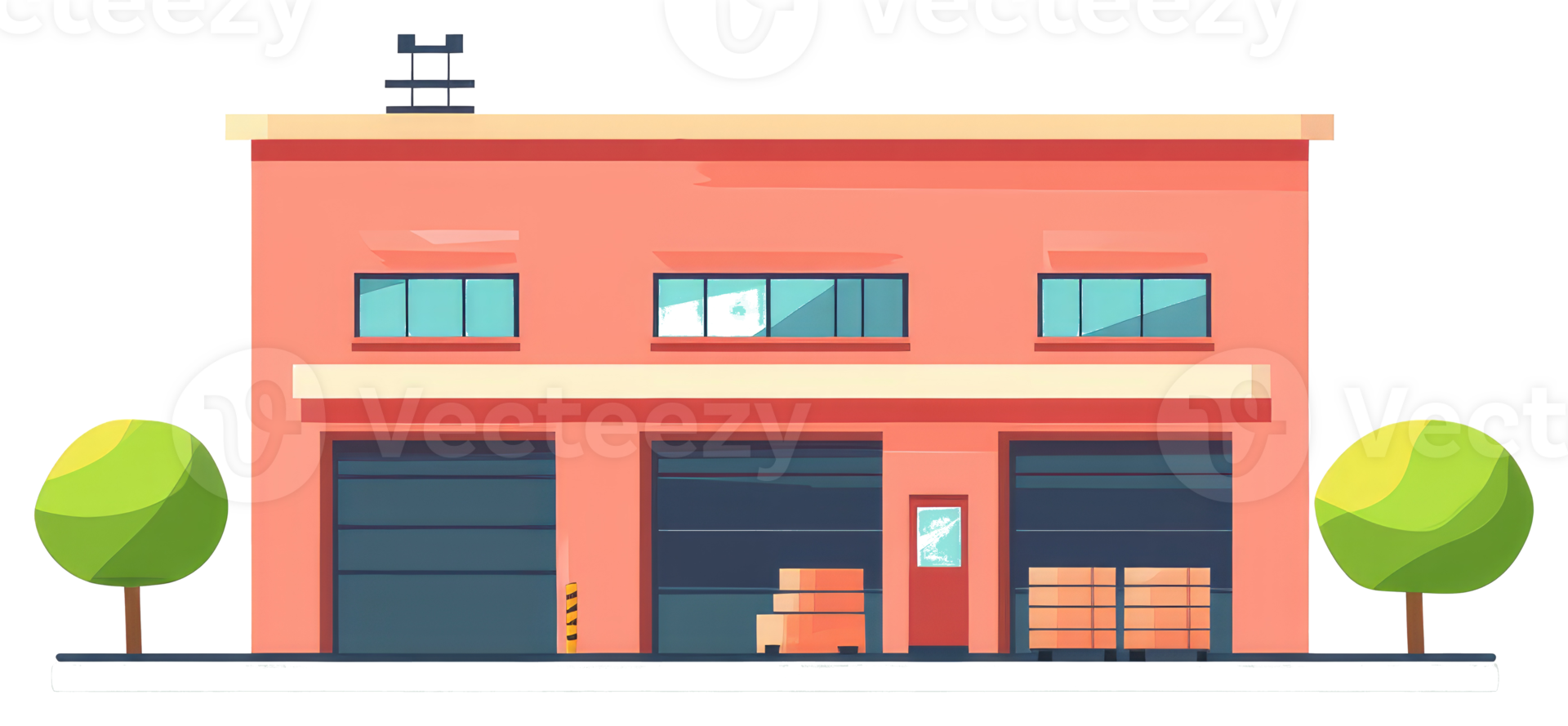 A cartoon warehouse building with a tree and a truck png