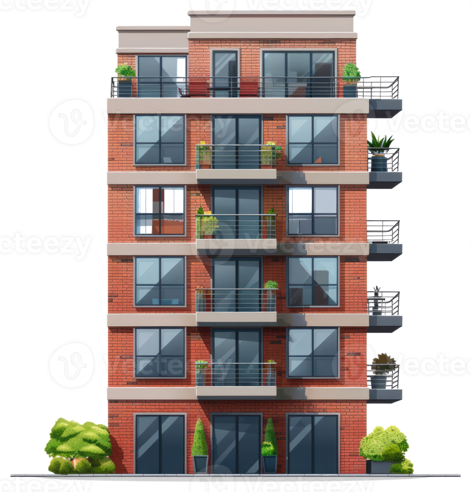 A red brick apartment building with plants on the balconies png