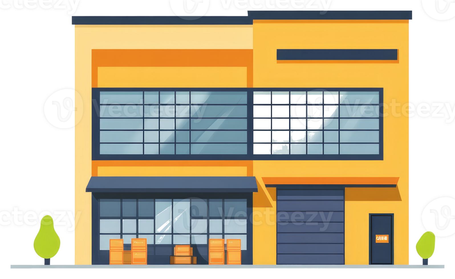 A cartoon building with a large window and a door png