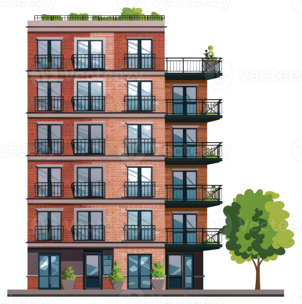 A cartoon building with balconies and trees png