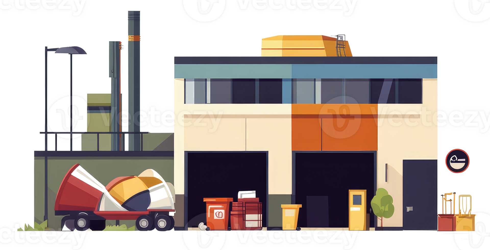 A sticker of a building with a truck and a crane png
