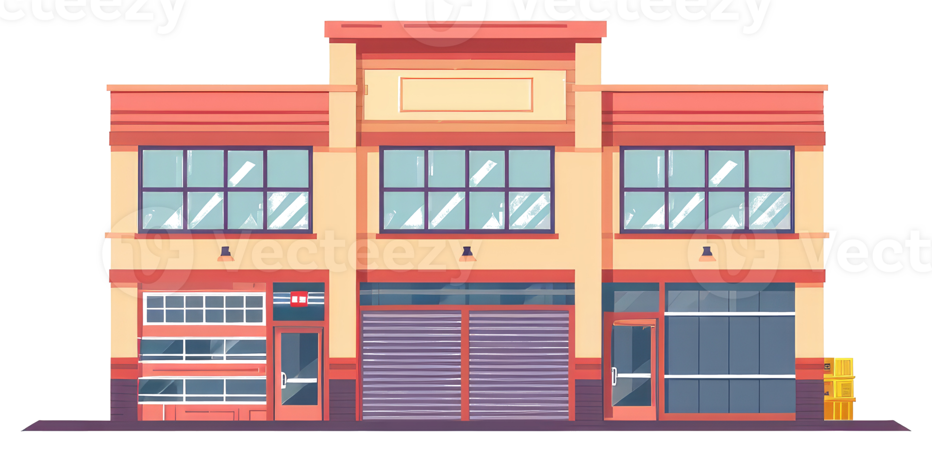 A cartoon building with a garage door and windows png