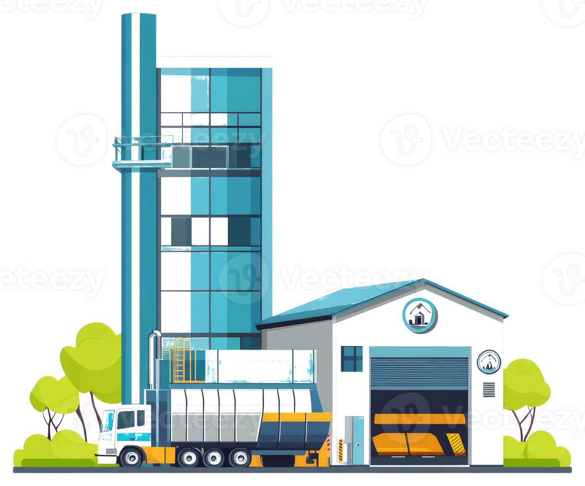 A sticker of a factory with a truck and a crane png