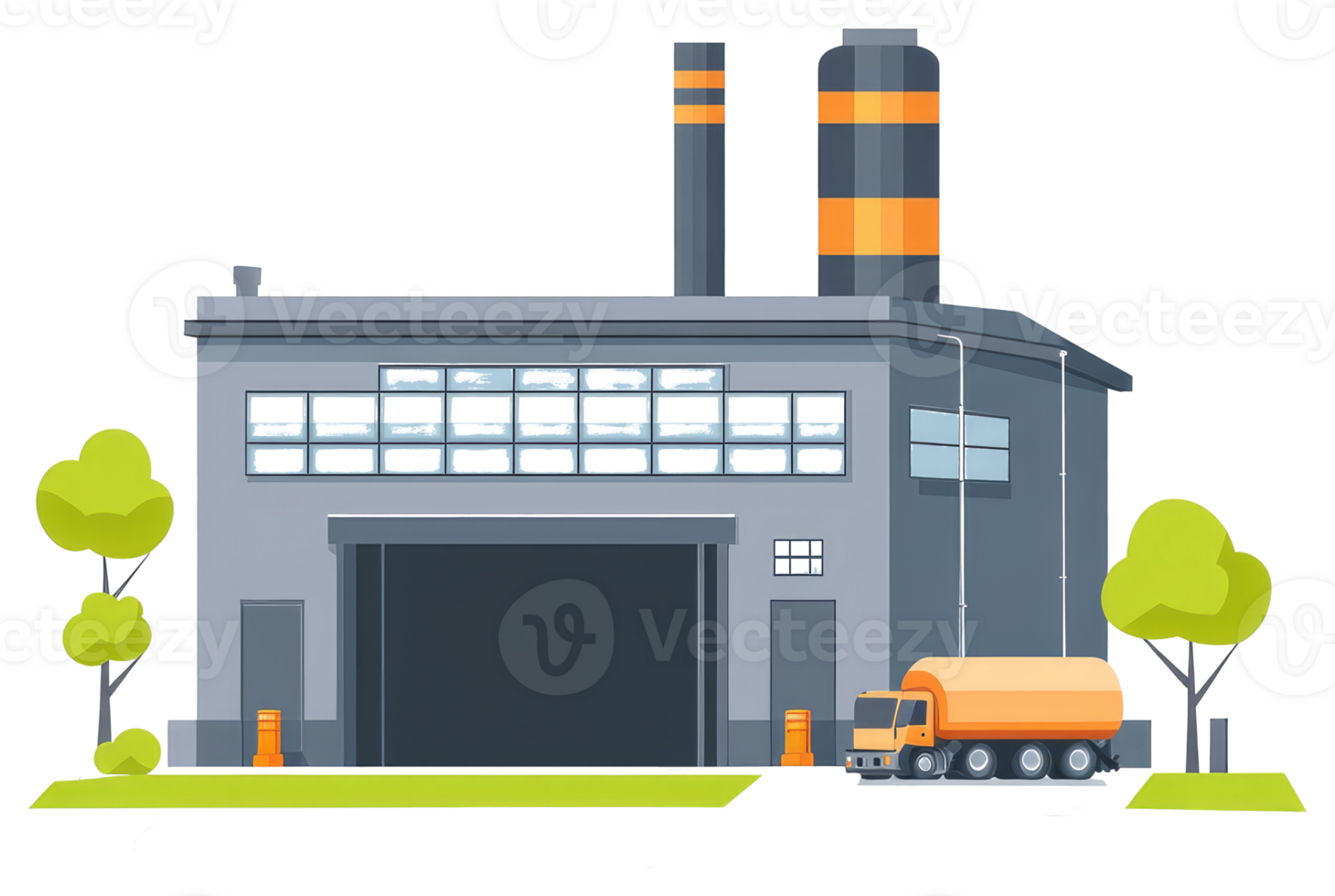 An industrial building with a truck and trees png
