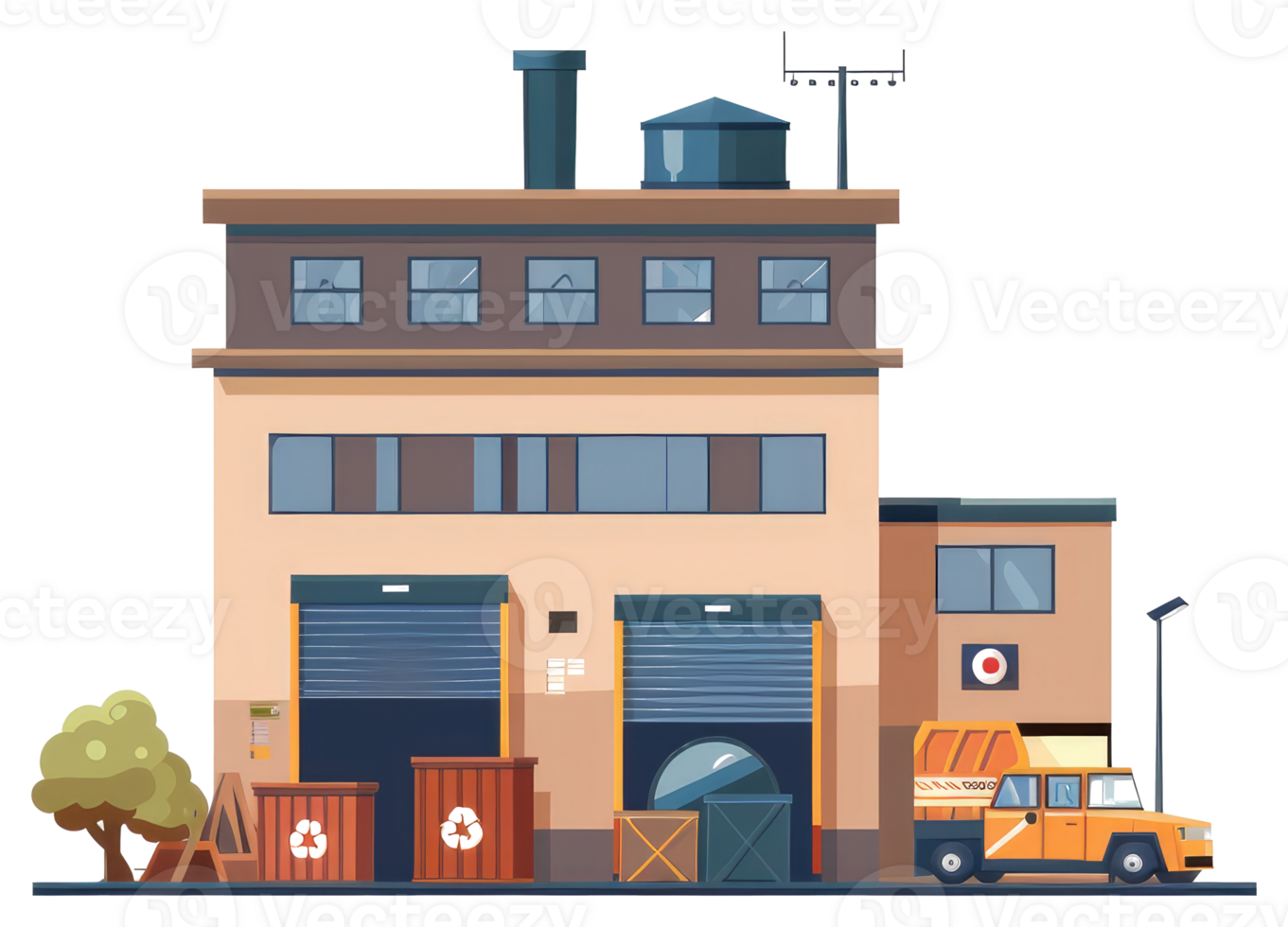 A cartoon factory building with a truck and garbage cans png