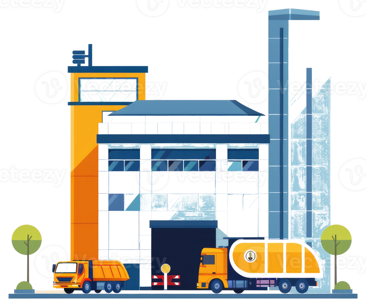 A sticker of a factory with trucks and trucks png