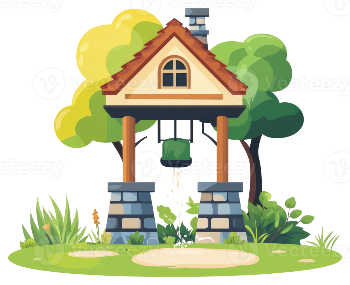 Cartoon house with a well and trees png