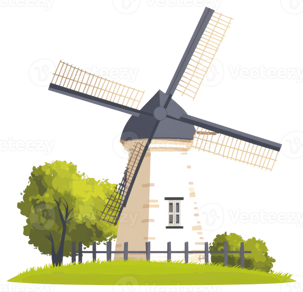 A windmill sticker with a green field and trees png