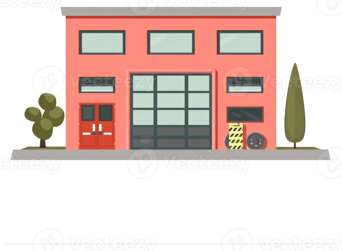 A sticker of a pink building with a car and a tree png
