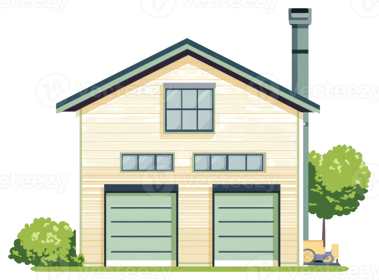 A cartoon house with a garage and trees png