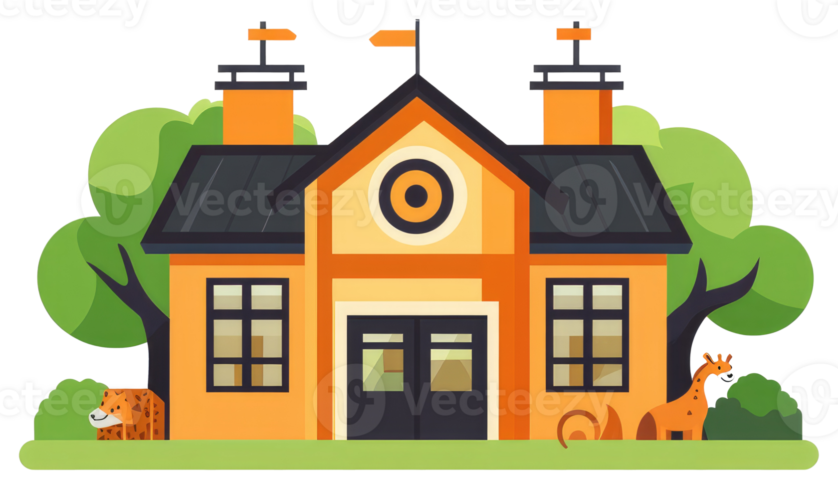 A cheerful illustration of a school with a giraffe and cheetah png