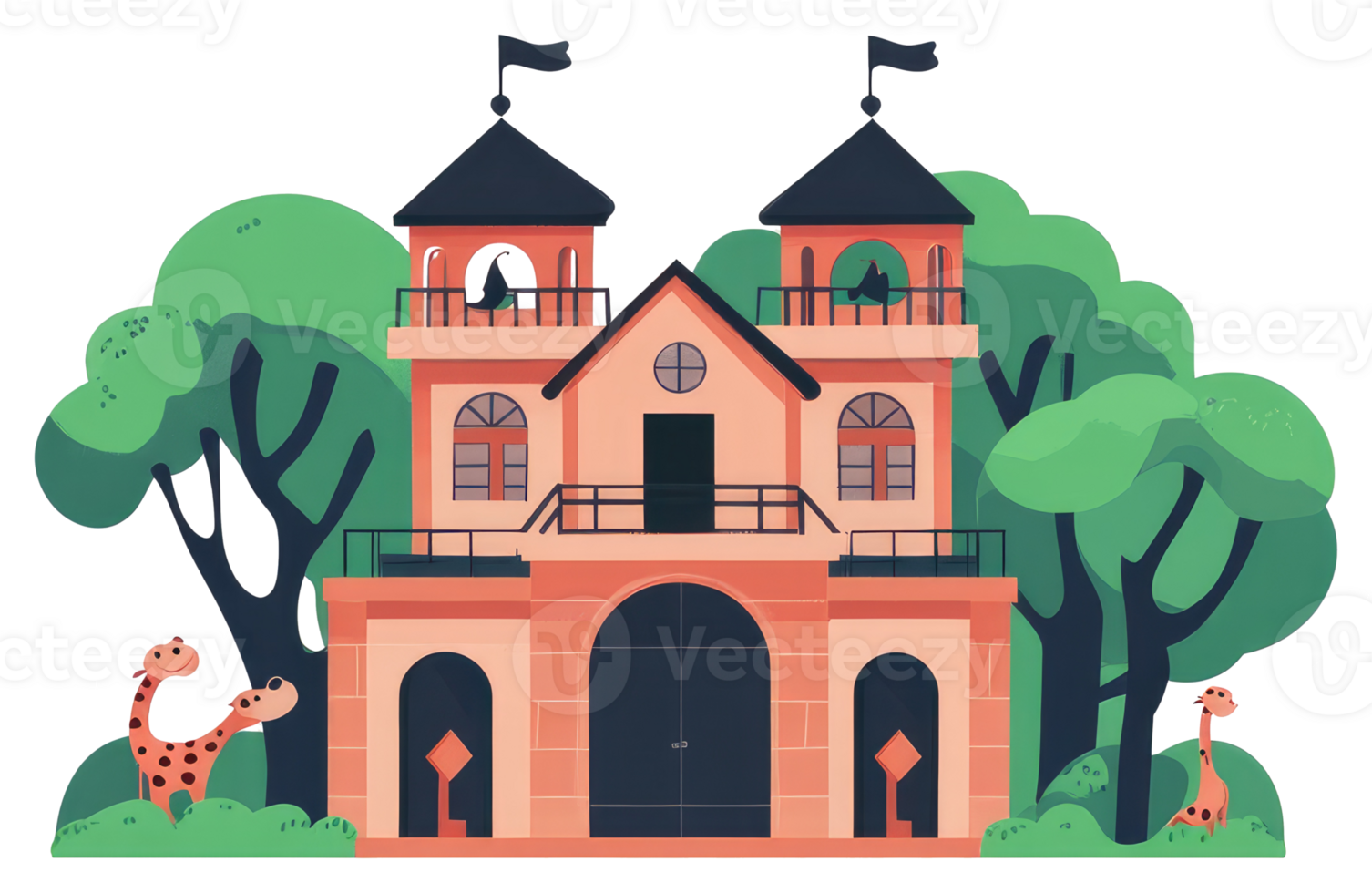 A colorful illustration featuring a building and some giraffes in nature png