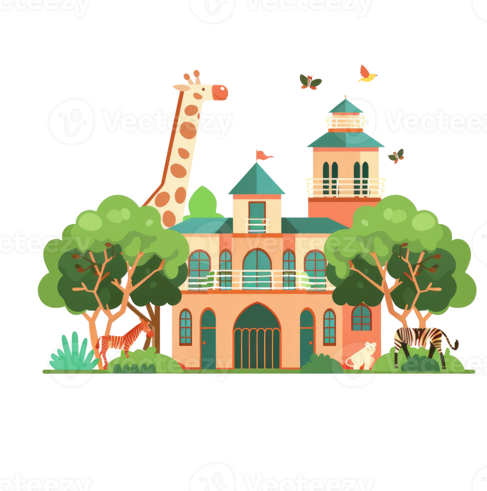 An illustrated zoo building featuring animals and surrounding greenery png