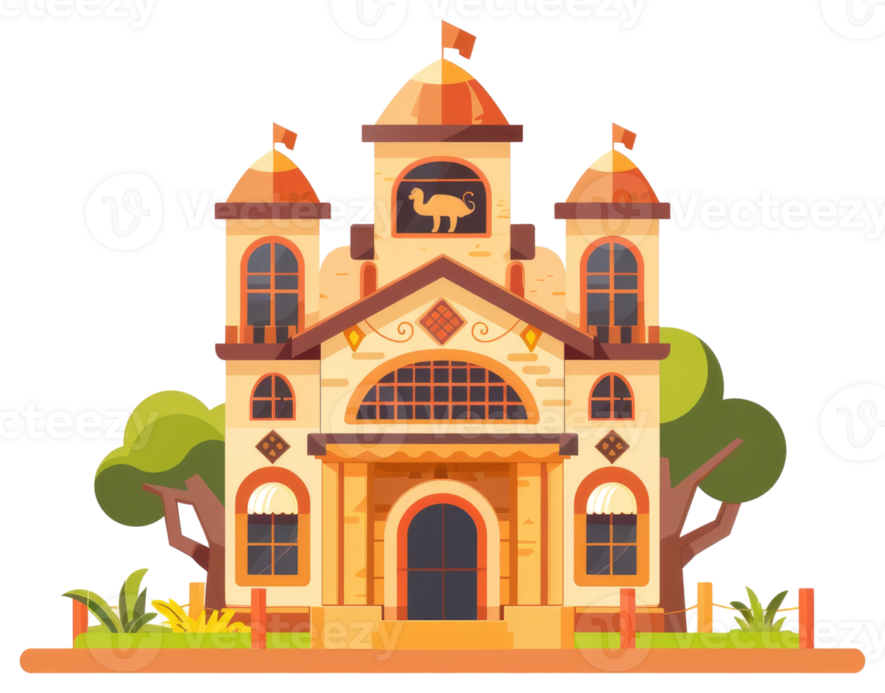 An illustrated building with trees and ornamental architectural features png