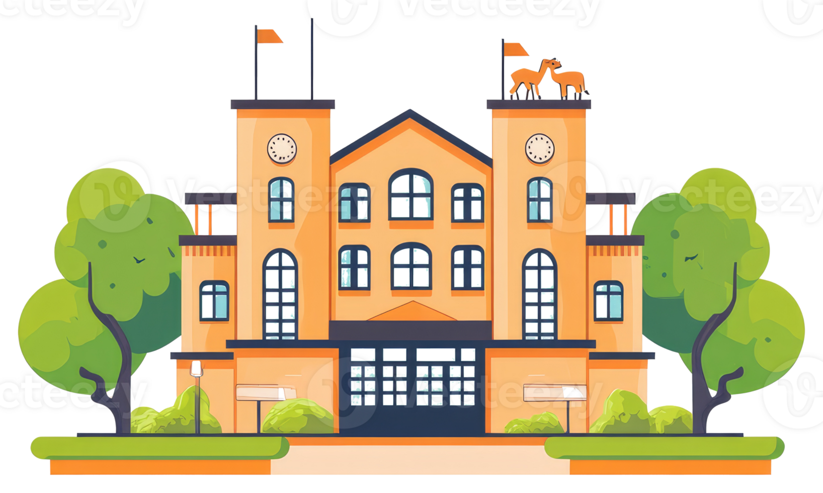 A whimsical illustration depicting a building with clock towers png