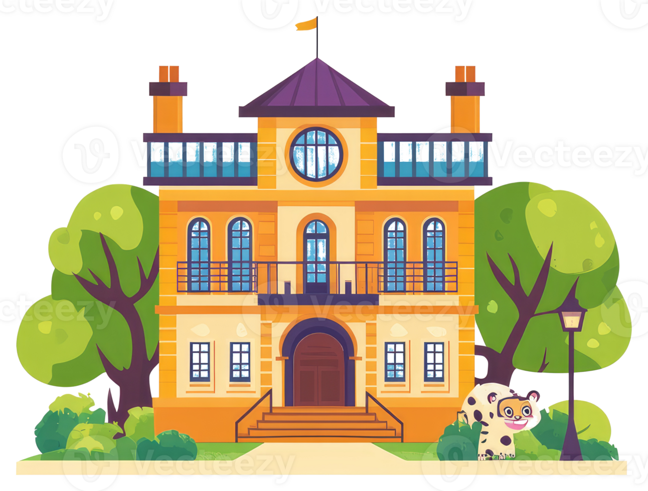 A colorful cartoon illustration depicts a building with landscaping png