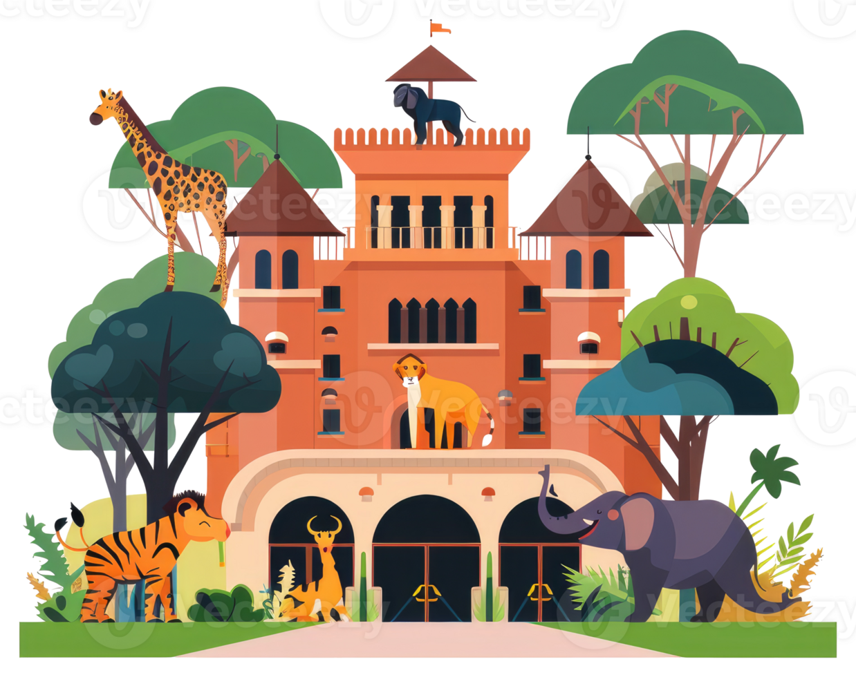 Colorful illustration depicting a zoo featuring several different animal species png