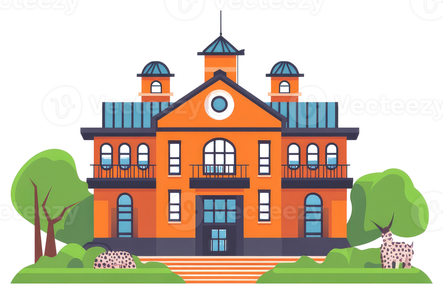 A stylized illustration depicts a large orange building on a green lawn png