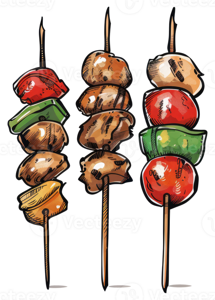 Three Skewers Of Food With Vegetables And Cooked Meat png