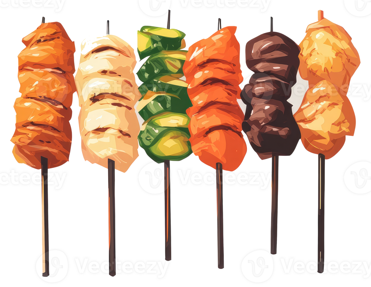 Six colorful skewers displaying various grilled food items on sticks png